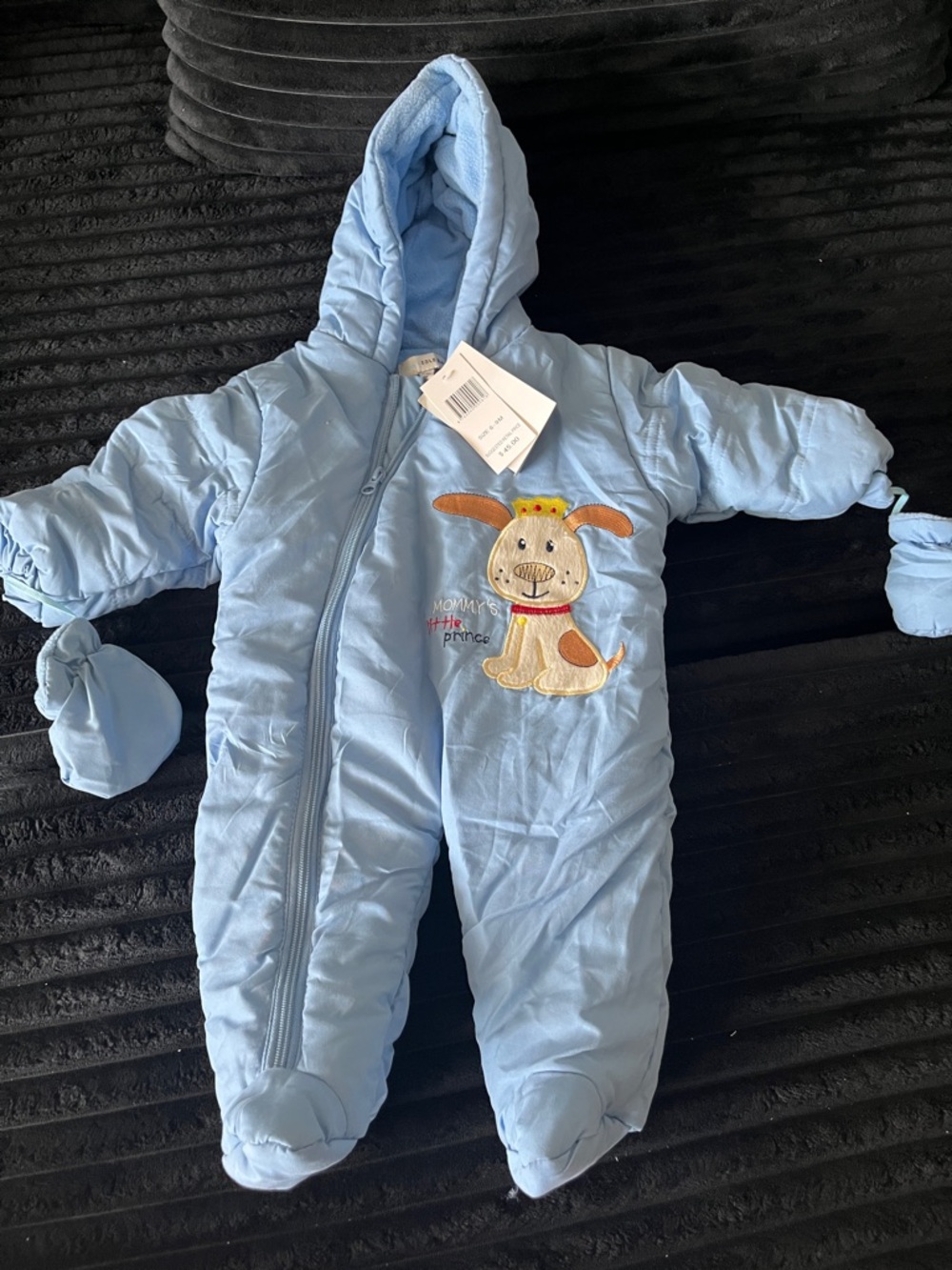 Blue Baby One-Piece Snowsuit with Puppy Embroidery